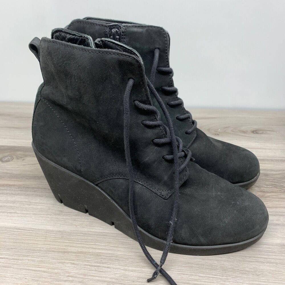 Ecco Womens Black Lace Up Wedge Booties Sneakers EU Size 37 / US 6 Leather Shoes